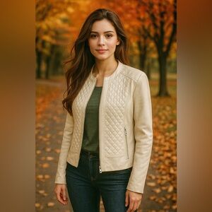 Cole Haan Cream Quilted Leather Women’s Jacket -NWT Size L Genuine Lambskin